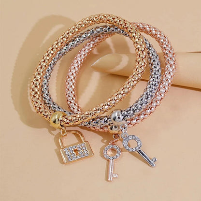 Set da 3 pezzi con lucchetto a forma di cuore, chiave, segno musicale, braccialetto con ciondoli, gufo, placcatura in oro rosa, catena color argento, set di gioielli con bracciale con ciondolo Owm