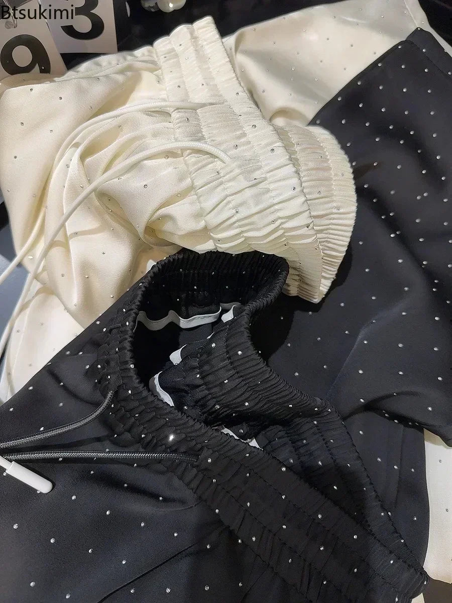 2026 Pantaloni a gamba larga con strass pieni di lusso di alta qualità Moda nuovi pantaloni dritti a vita alta con coulisse Pantaloni casual da donna