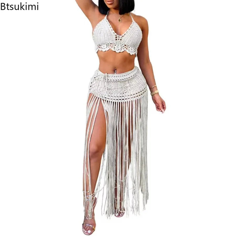 Neue zweiteilige Damen-Badeanzüge Strand-Stil gestrickte Bikini-Oberteile High Waist Quasten lange Röcke weibliche sexy Cover Up Bikini-Sets