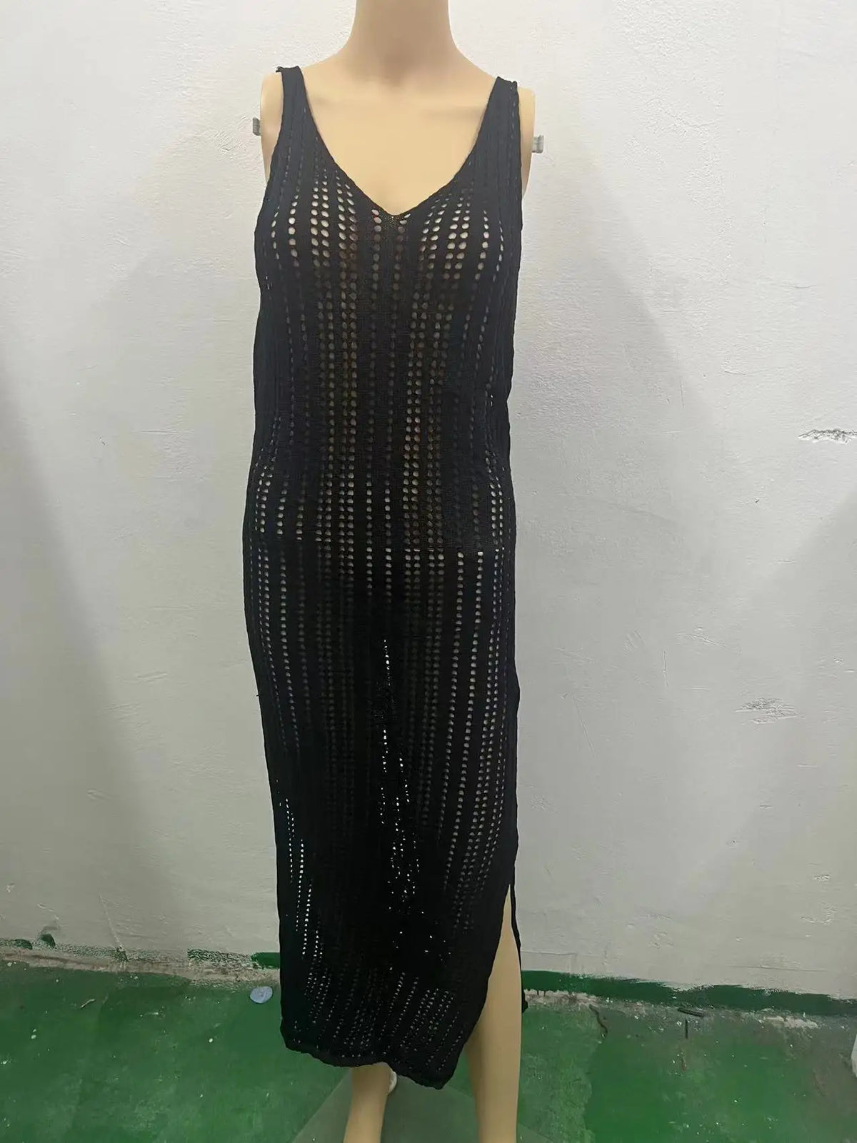 New Women's Sexy Knitted Midi Dresses Summer Elegant Beachwear Hollow Out Fishnet Bikini Cover-ups Vacation Long Dress for Girls