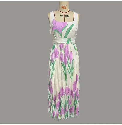 Abito lungo sexy con stampa floreale Donna Estate 2025 Abiti maxi con cinturino senza maniche alla moda eleganti