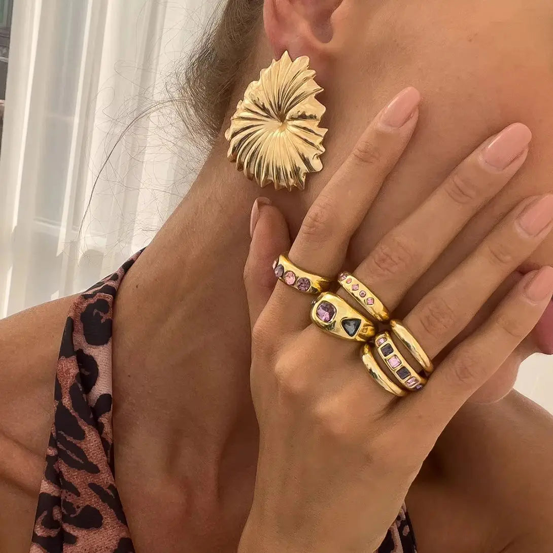 Salircon 6 Pz/set Intarsiato Zircone Viola Anello di Apertura Regolabile Set Donne Anello di Colore Oro Liscio per il Regalo Dei Gioielli Quotidiani Femminili