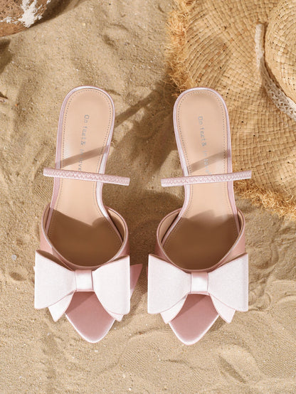 Nuovi sandali da donna 2026 con fiocco alla moda, eleganti tacchi a spillo a punta per banchetti estivi all'aperto, scarpe senza calcanterina