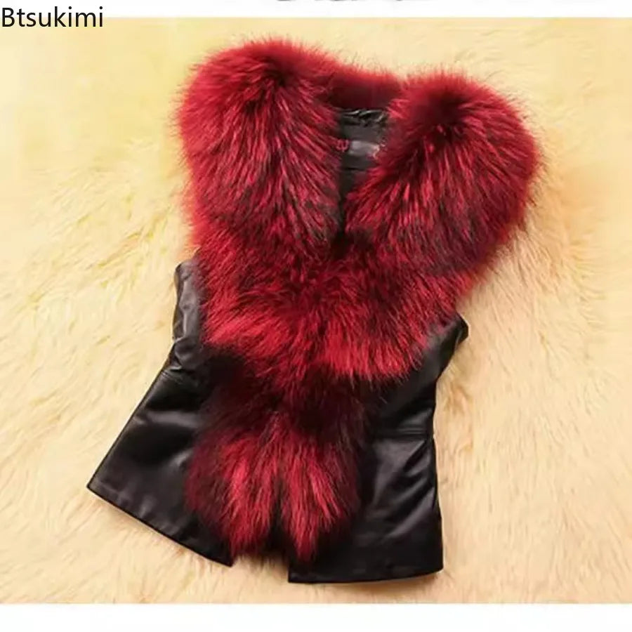 Nuove donne di inverno gilet di pelliccia femminile gilet di pelle PU 2026 nuove signore in pelle PU splicing collo di pelliccia di volpe sintetica giacca senza maniche