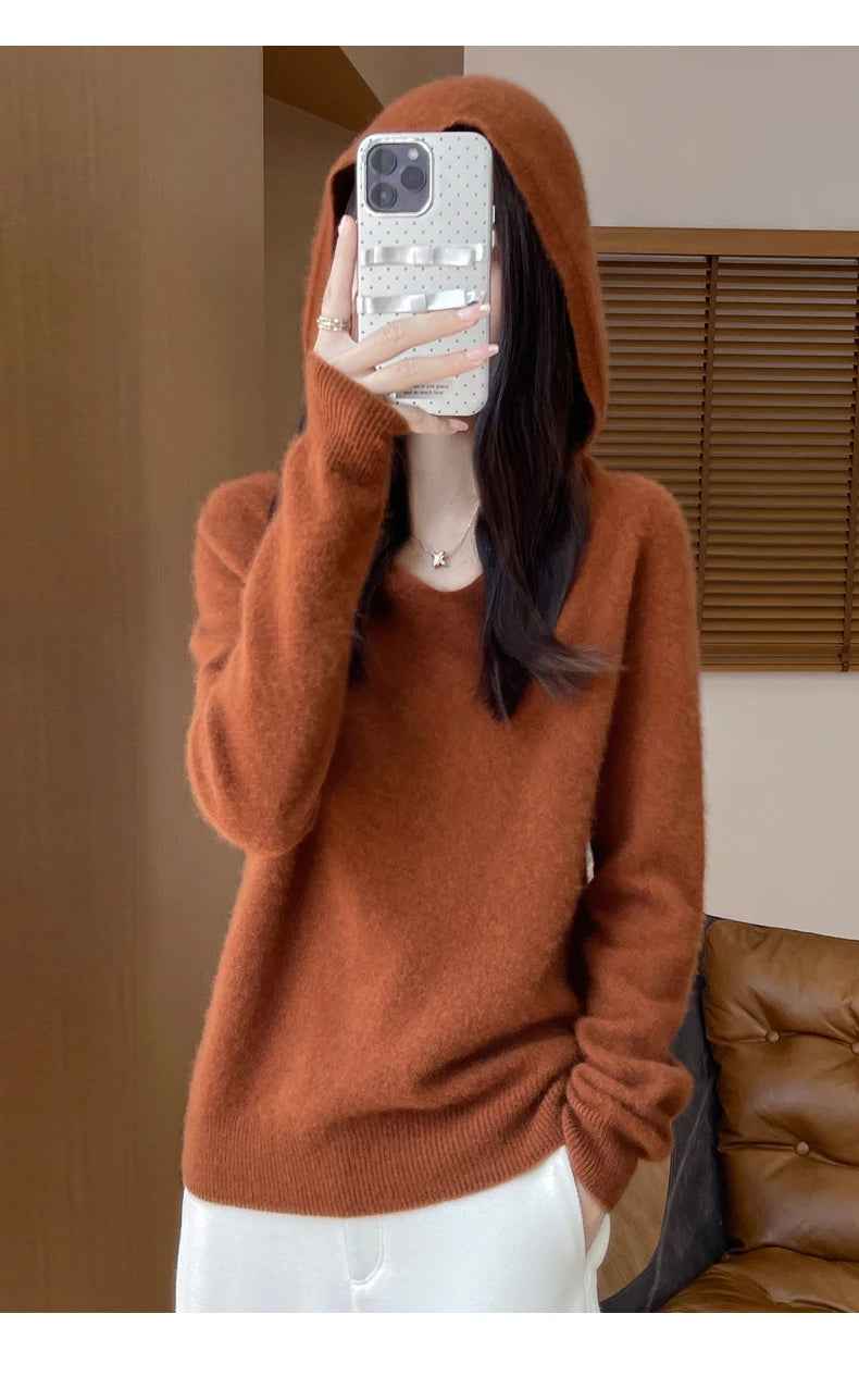 Abbigliamento donna autunno inverno colletto con cappuccio pullover maglione di lana merino 100% nuova moda top in cashmere che tocca il fondo maglieria morbida