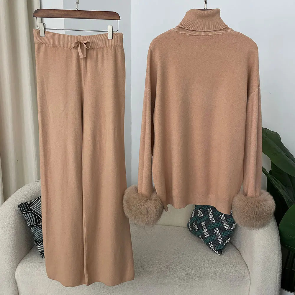 2024 nuova moda autunno inverno polsini in vera pelliccia di volpe naturale cappotto maglione lavorato a maglia pantaloni lunghi da donna set giacca spessa calda