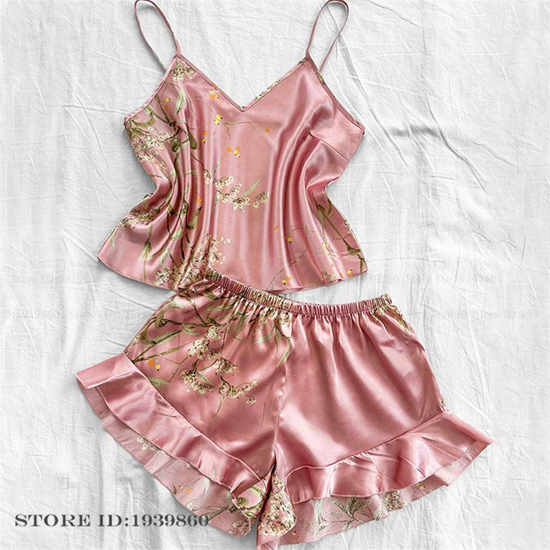 Plus Size 3XL 4XL 5XL Pigiama 2 pezzi Set cinturino sexy Top e pantaloncini Pigiama Completo Lingerie Estate Indumenti da notte in raso Stampa fiore Homewear