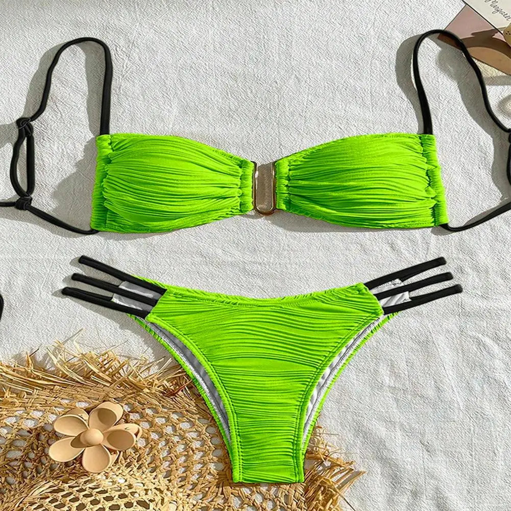 2 pezzi/set donna costume da bagno diviso bikini set fionda fascia reggiseno imbottito texture antirughe slip set moda costumi da bagno sexy