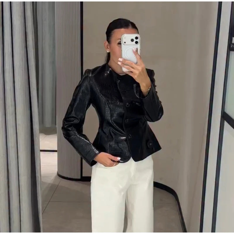 Giacca da donna in pelle PU tinta unita con colletto alla coreana e bottoni, cerniere, cappotto da donna, moda autunno 2026, capospalla femminile streetwear