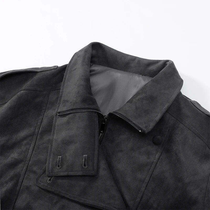 Giacca bomber da donna in camoscio grigio scuro, con colletto alla coreana, maniche lunghe, oversize, asimmetrica, stile street, giacche da donna autunno 2026