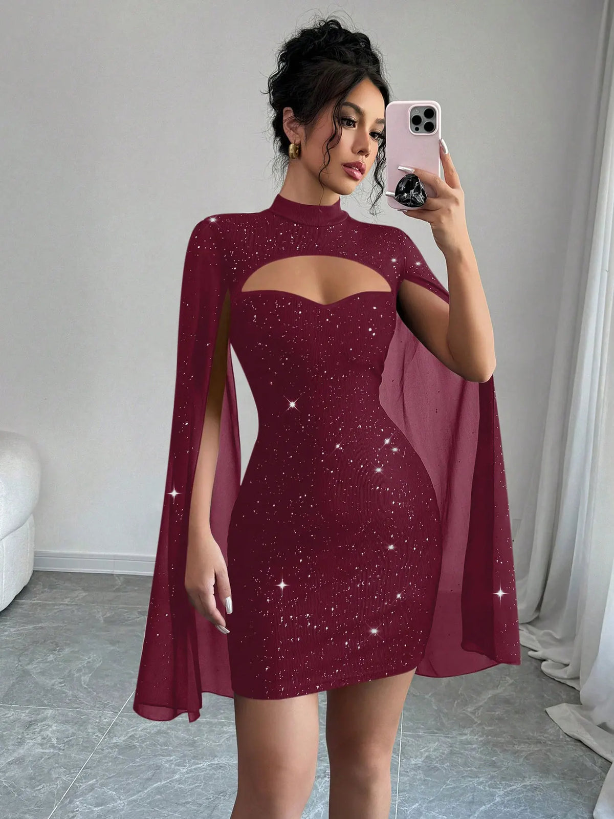 Mini abito a mantella con colletto alla coreana da donna sexy con paillettes scintillanti Club Party Night Out aderente aderente elegante autunno inverno