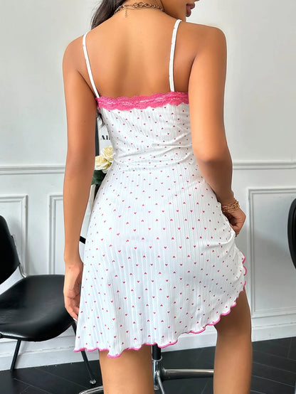 Camicia da Notte da Donna con Stampa Cuori, Vestito da Notte con Bordo in Pizzo, Canotta Senza Maniche con Scollo a V, Vestibilità Aderente a Costine, Pigiama Estivo Sexy