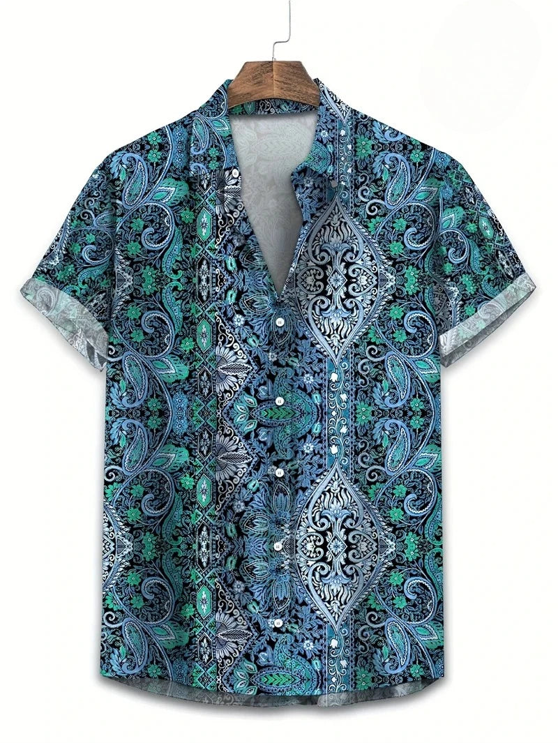 Camicie Hawaii per uomo T-shirt a maniche corte con grafica Paisley 3D Bottoni con risvolto casual Top maschili T-shirt da uomo bohémien oversize estive