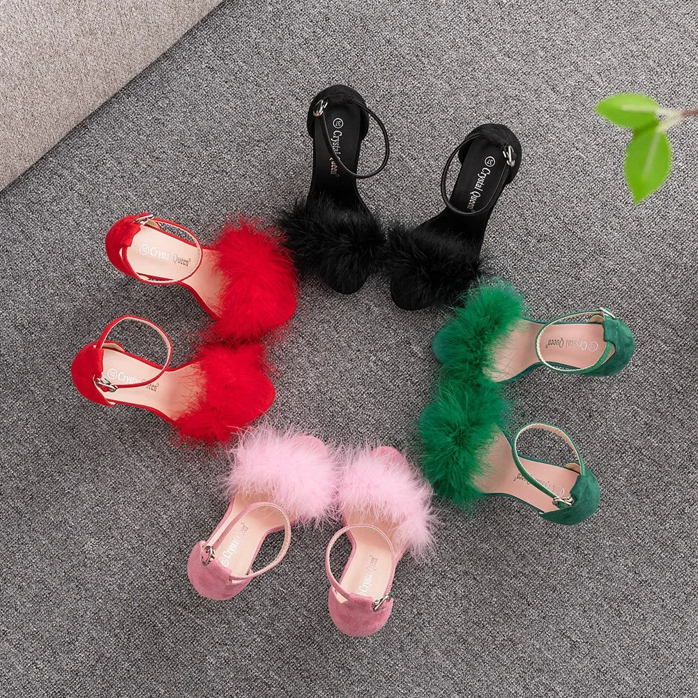 Sexy Feather High Heel Sandals Women's European  American Large 46 Fish Mouth High Heel Sandals Women Shallow Mouth Women's Shoe