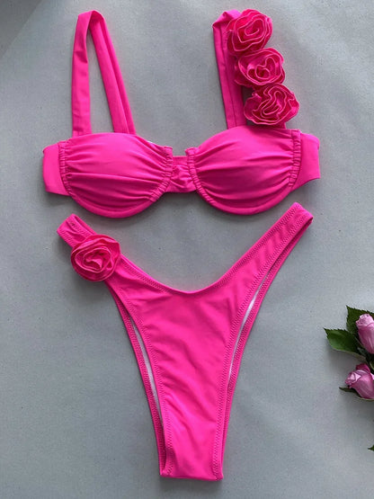 Sexy 3D Fiori con ferretto Bikini brasiliano Costumi da bagno donna Costume da bagno femminile Bikini a due pezzi Costume da bagno a triangolo Swim Lady