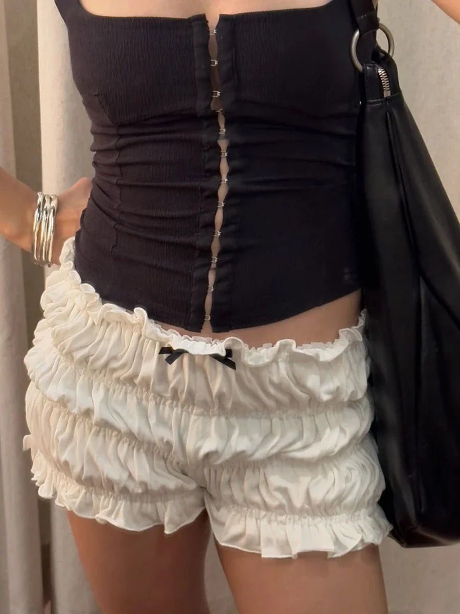 Pantaloncini con volant da donna Moda Fiocco 3D Finiture in lattuga Tinta unita Elastico in vita a strati Pantaloncini casual per la vita quotidiana estiva