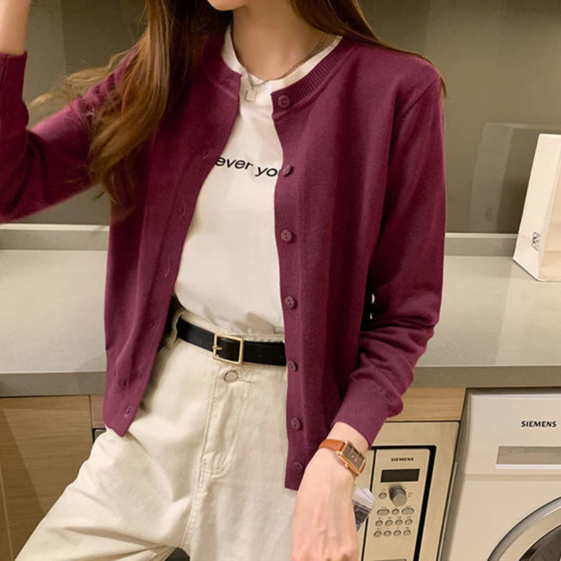 Rimocy Giacca cardigan lavorata a maglia Donna 2025 Primavera Autunno Girocollo Cardigan casual Donna Tinta unita Slim Maglioni coreani Donna