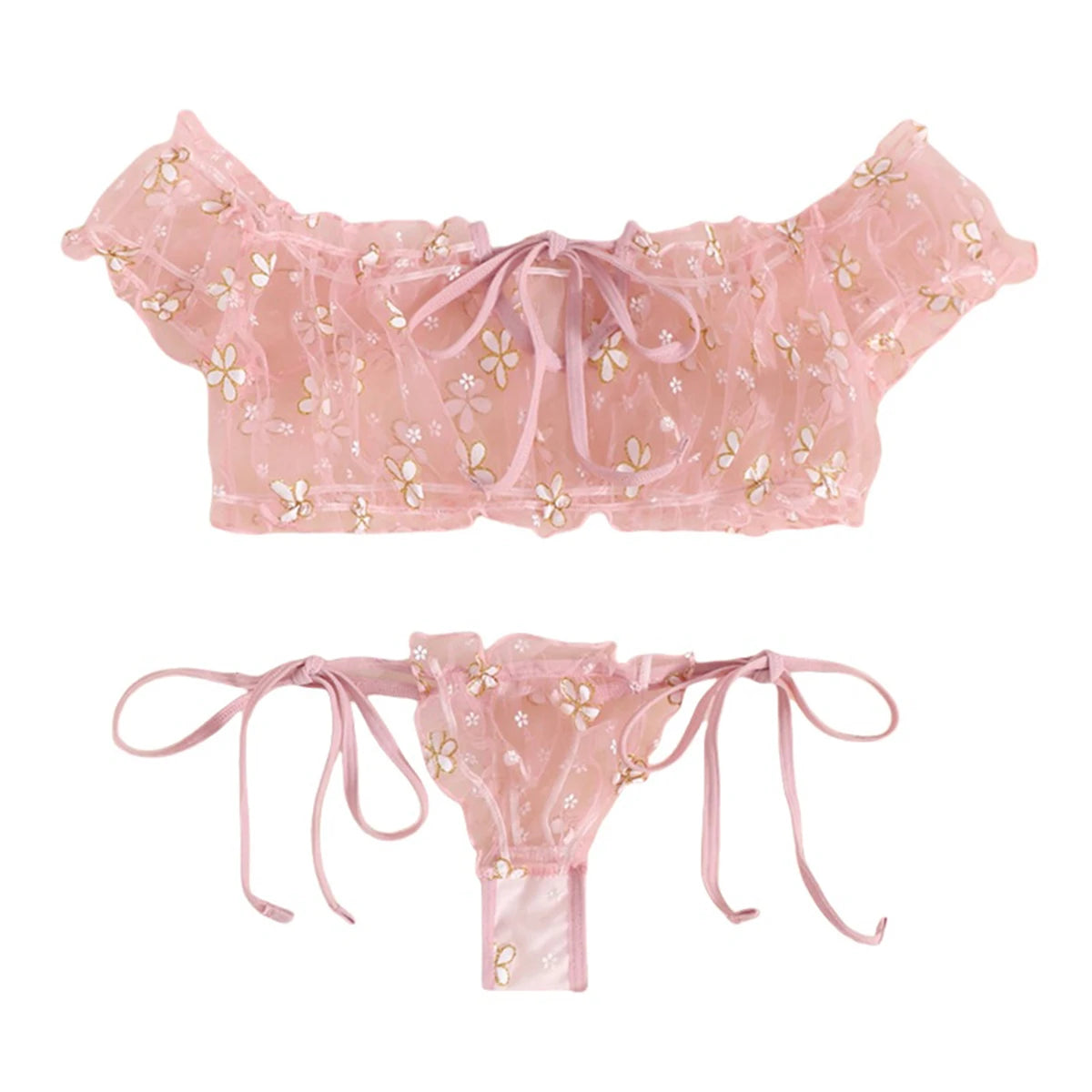 Sexy Summer Women's Underwear Seductive Floral Dreamy Lingerie Off-Shoulder Seduce Bralette Tops Panties Transparent Erotic Set