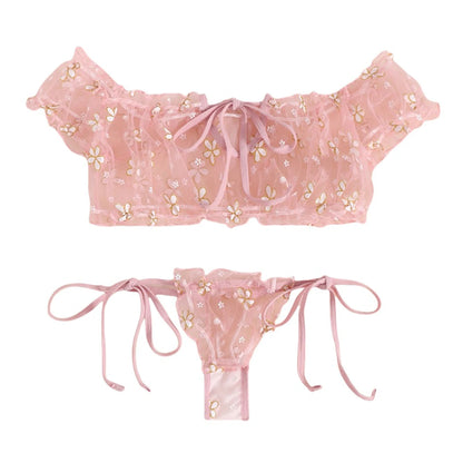 Sexy Summer Women's Underwear Seductive Floral Dreamy Lingerie Off-Shoulder Seduce Bralette Tops Panties Transparent Erotic Set