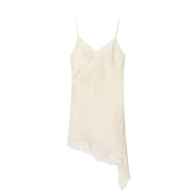 MUJER Abito sottoveste in pizzo nero Abiti corti da festa in raso da donna per le donne Abiti da donna sexy senza schienale Mini abito da notte asimmetrico