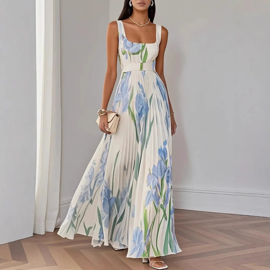 Abito lungo sexy con stampa floreale Donna Estate 2025 Abiti maxi con cinturino senza maniche alla moda eleganti