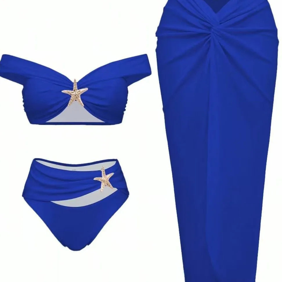 Damen Sexy Bikini Set Beachwear Metallic Seestern Bikini Falten Lange Röcke Dreiteilige Sets Hot Girl Urlaubsstil Badeanzug