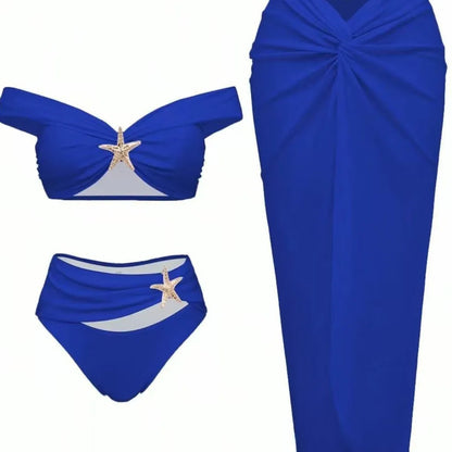 Damen Sexy Bikini Set Beachwear Metallic Seestern Bikini Falten Lange Röcke Dreiteilige Sets Hot Girl Urlaubsstil Badeanzug