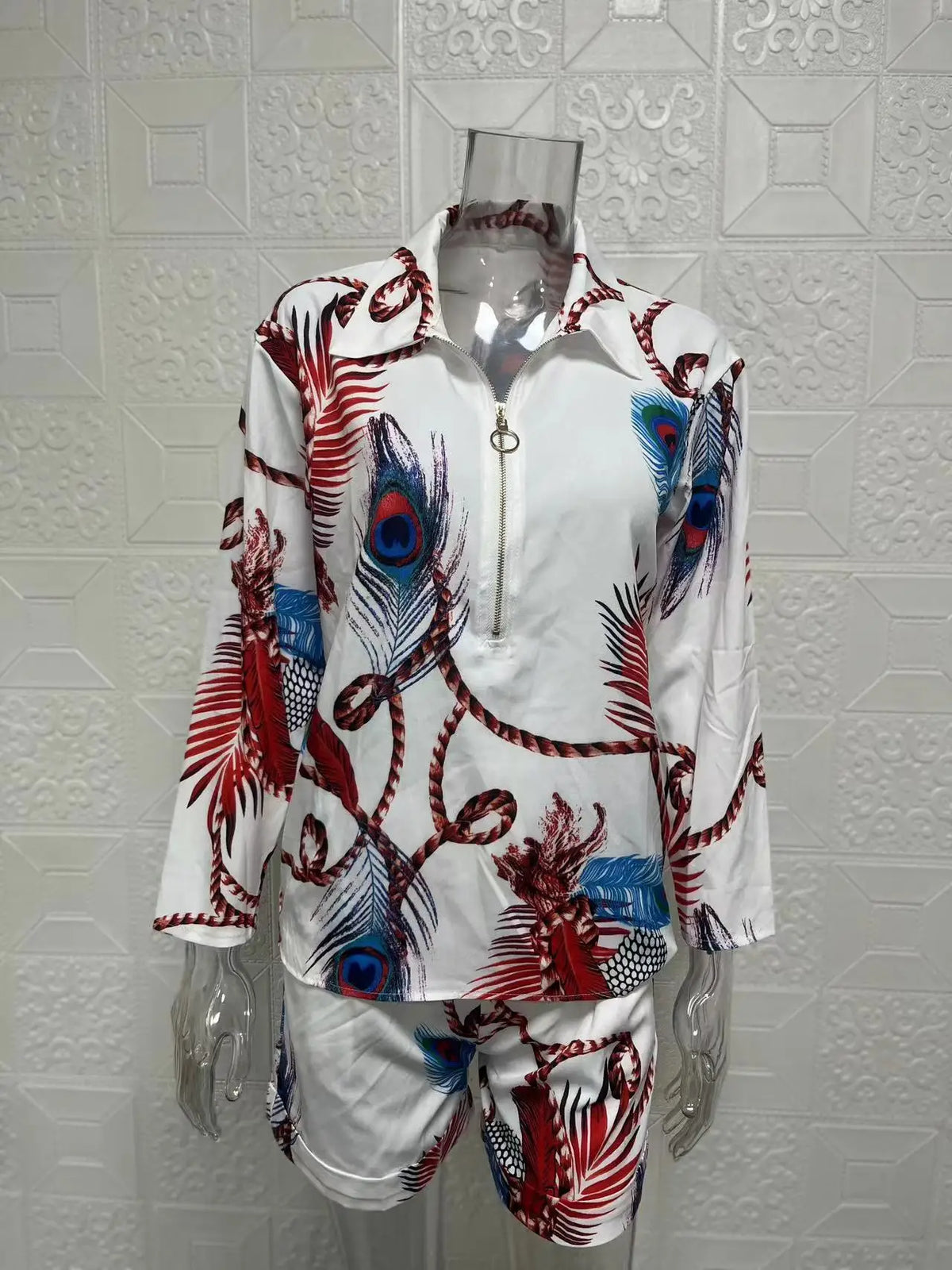 Camicie con stampa di lettere da donna estive Set da due pezzi Casual Collo rovesciato Manica lunga Camicette con cerniera Pantaloncini Abiti larghi Streetwear
