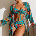 Size S-3XL Bikini Three Pieces Floral Printed Swimsuit Women Bikini Set With Mesh Long-Sleeved Blouse,Bra Top with Pad Swimwear