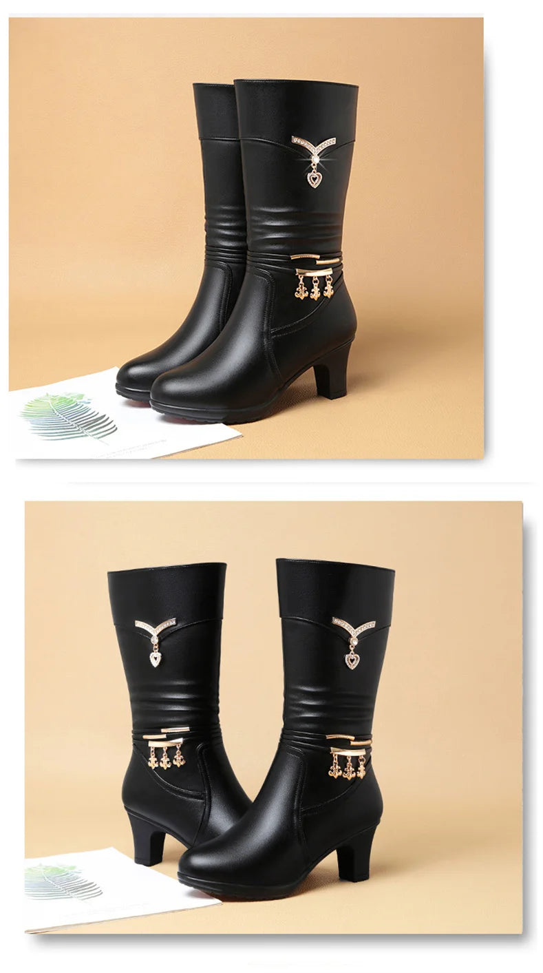 Women Comfortable Fleece Medium Boots Autumn Winter New Style Thick Heel Side Zipper Pointed Fashion High Heels Boots