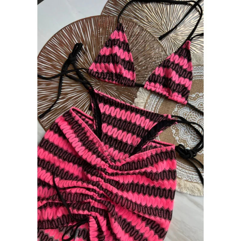 Costume da bagno estivo da donna nuovo, bikini lavorato a maglia in 3 pezzi con costumi da bagno con copertura avvolgente e scollo all'americana per le vacanze al mare
