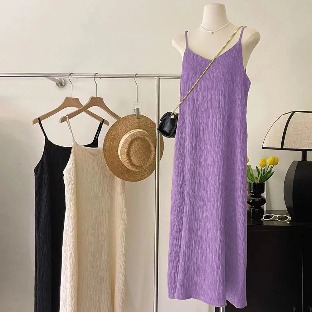 Abito a metà polpaccio senza maniche a canotta Vintage per donna nero rosa viola bianco abiti Midi pieghettati abiti da sera per ragazza vestiti