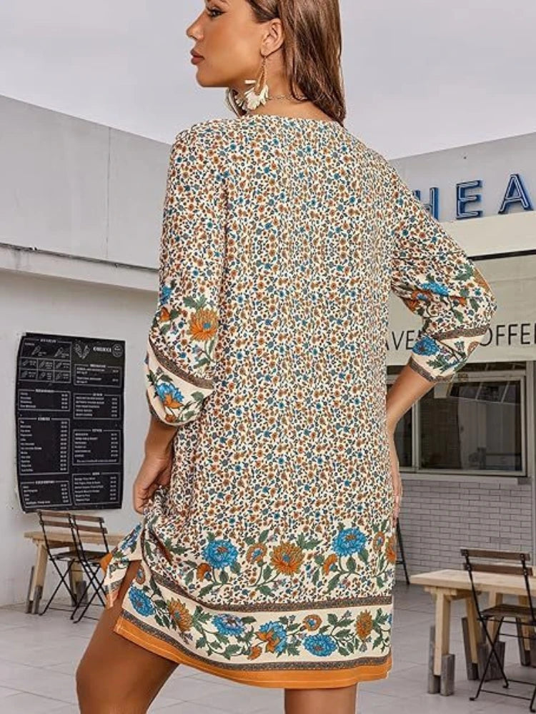 Abito stampato vintage in 7 colori Abito da donna con scollo tondo a maniche lunghe Abito estivo da vacanza di High Street