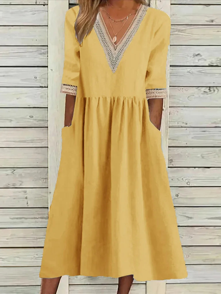 Abito Estivo da Donna 2026 Nuovo in Cotone e Lino a Mezza Manica con Scollo a V, Vestito Casual Chic Vintage con Inserti, Vestito Midi Ampio