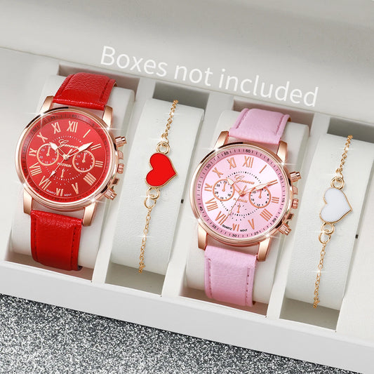 4 pezzi moda donna orologi semplice quadrante Roma orologio al quarzo cinturino in pelle da donna orologi da polso braccialetti a cuore set (senza scatola)