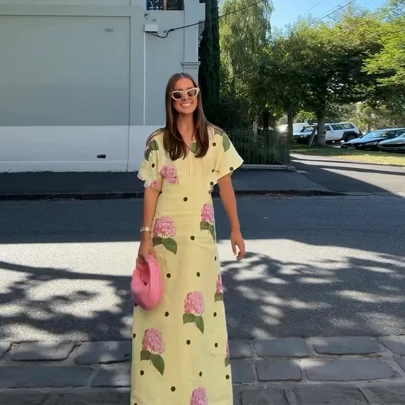 Abito da donna stampato a fiori casual Abito lungo femminile allentato a maniche corte con scollo a V profondo 2025 Primavera Estate Nuova moda Lady Robe
