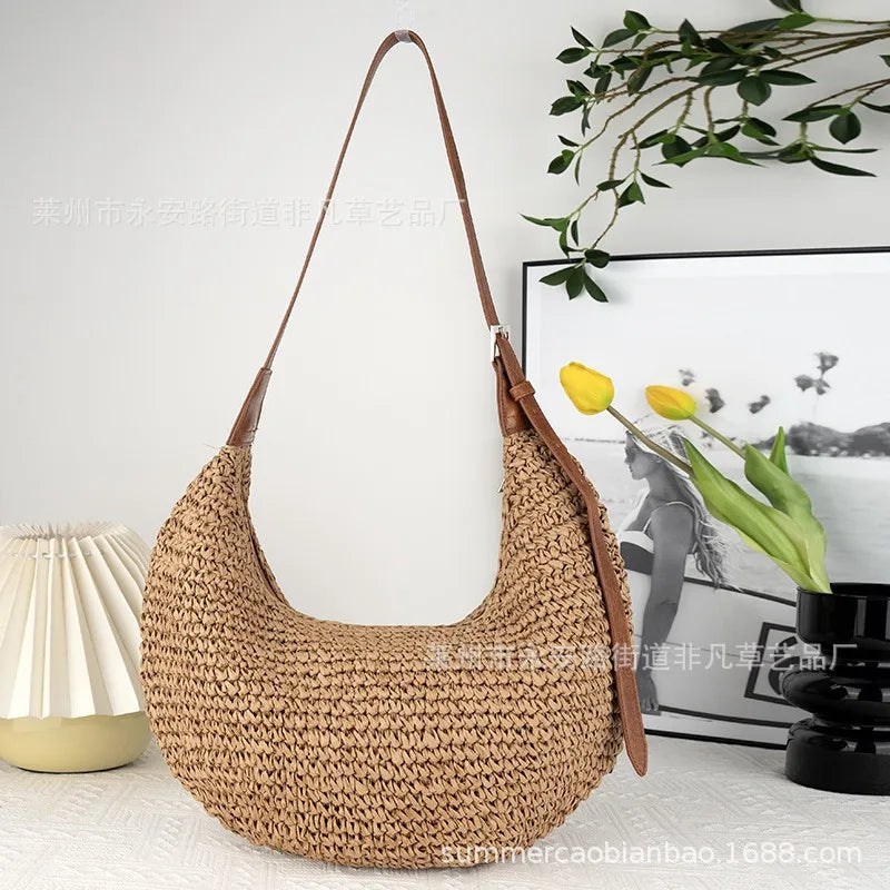 Borse a tracolla da donna in paglia casual Hobos Borse a tracolla in tessuto fatto a mano Borsa da spiaggia estiva semplice vintage Borse tote di grande capacità