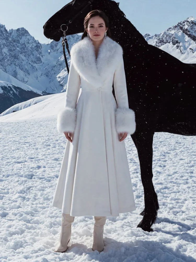 Cappotto lungo elegante da donna in misto lana con collo grande in pelliccia sintetica, polsini e vita arricciata, modello svasato a trapezio, maxi cappotto retrò per feste, capospalla