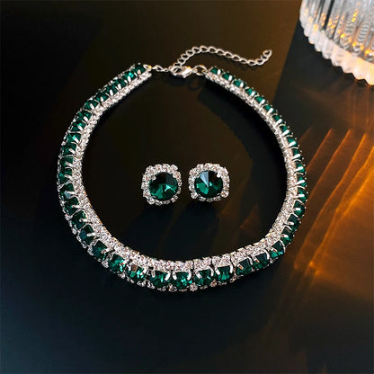 Orecchini a bottone con collana di strass verdi di lusso per le donne collane con Choker di cristallo Set di gioielli per banchetti di matrimoni di moda da donna