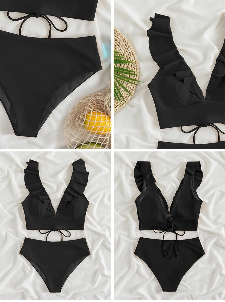 Damen-High-Waist-Bikini-Sets, V-Ausschnitt, Rüschen, zweiteilige Badeanzüge, Push-Up-Badeanzüge