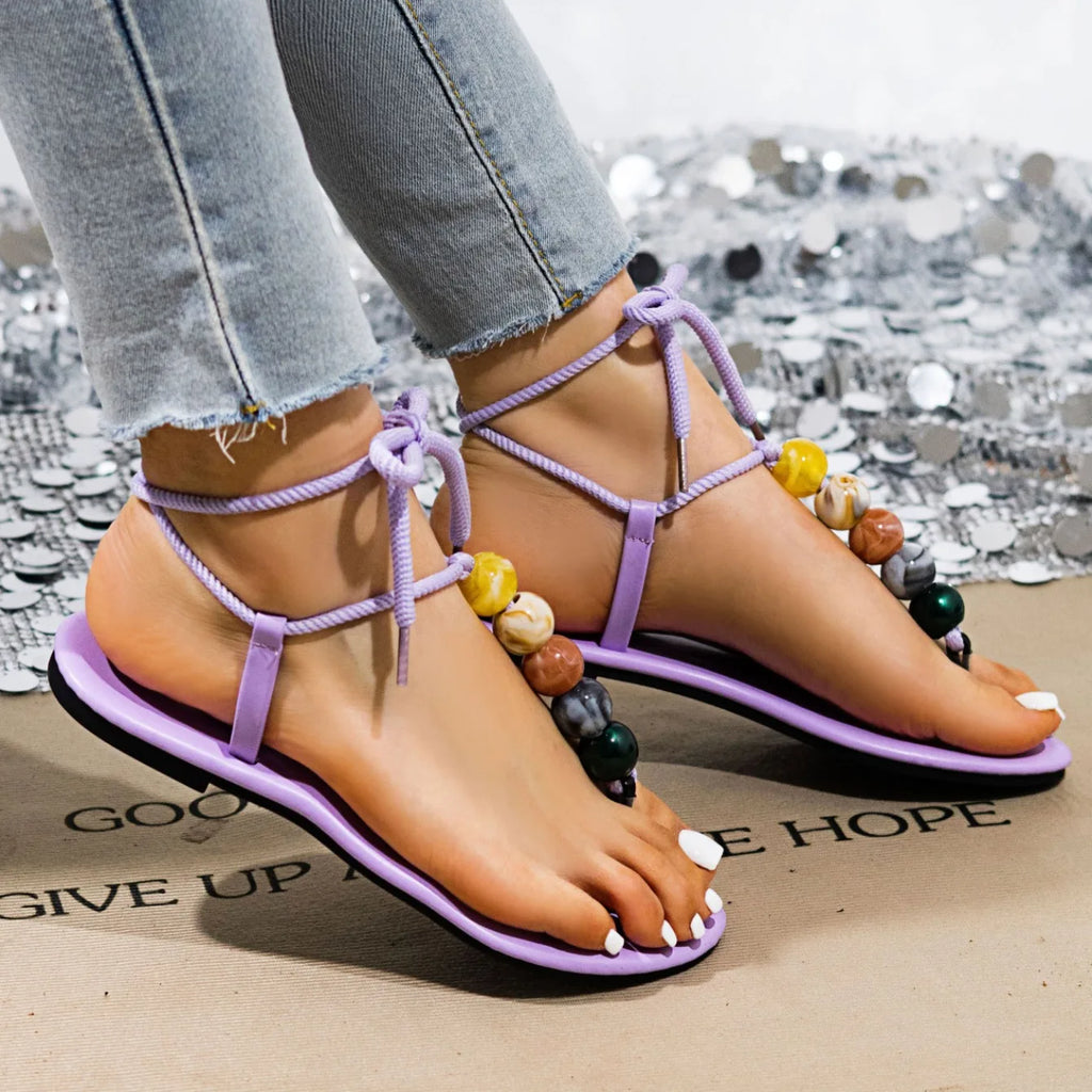 Sandali Donna 2026 Nuova Collezione Estiva con Decorazioni Perline e Lacci, Sandali Bassi Bohemien con Punta Aperta, Scarpe Casual Comode da Spiaggia