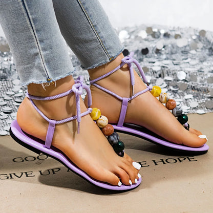 Sandali Donna 2026 Nuova Collezione Estiva con Decorazioni Perline e Lacci, Sandali Bassi Bohemien con Punta Aperta, Scarpe Casual Comode da Spiaggia