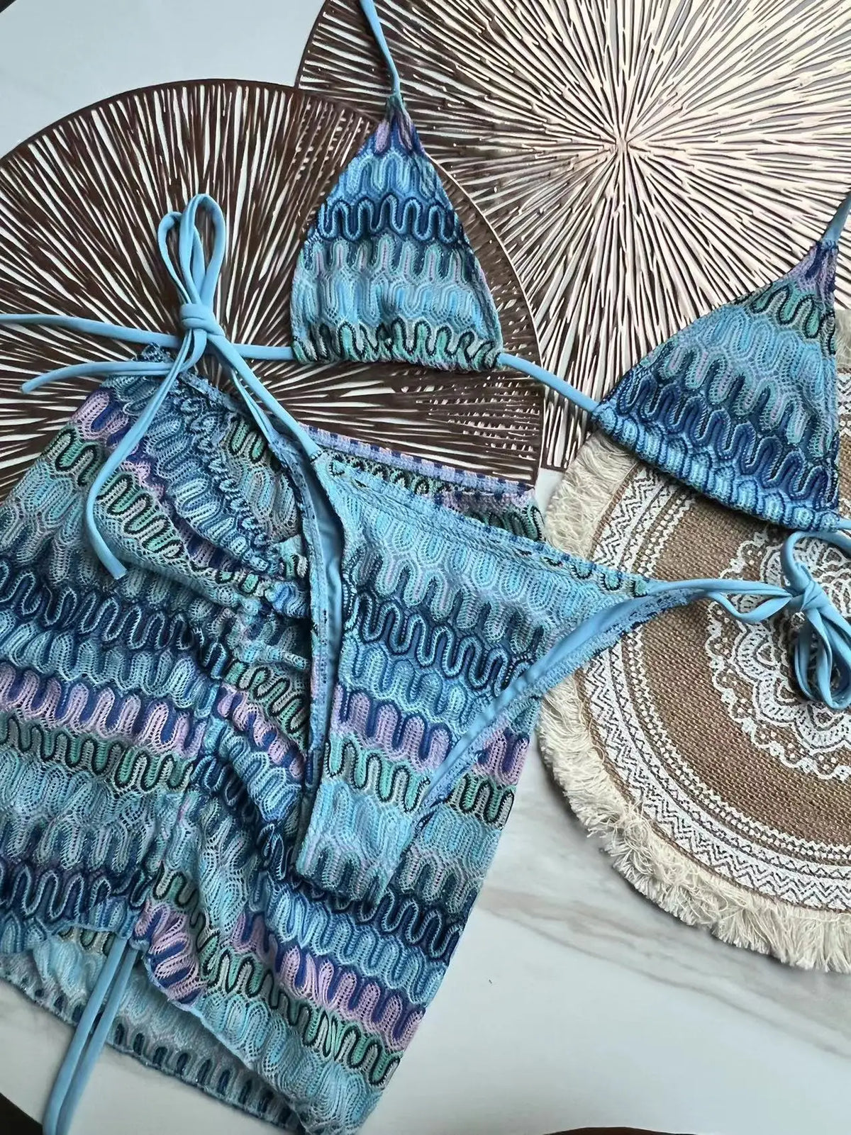 Costume da bagno estivo da donna nuovo, bikini lavorato a maglia in 3 pezzi con costumi da bagno con copertura avvolgente e scollo all'americana per le vacanze al mare