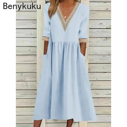 Abito Estivo da Donna 2026 Nuovo in Cotone e Lino a Mezza Manica con Scollo a V, Vestito Casual Chic Vintage con Inserti, Vestito Midi Ampio