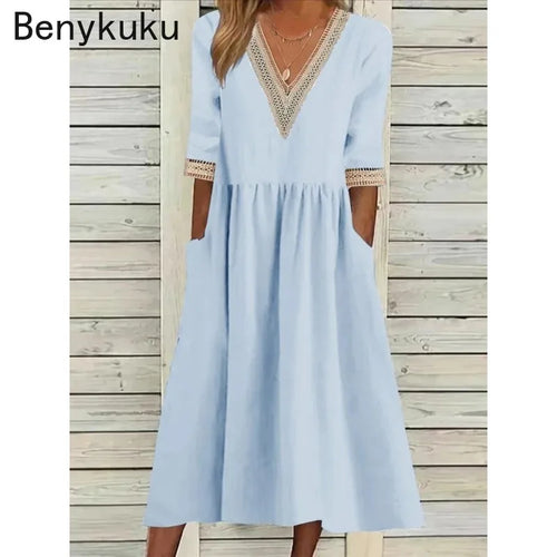 Abito Estivo da Donna 2026 Nuovo in Cotone e Lino a Mezza Manica con Scollo a V, Vestito Casual Chic Vintage con Inserti, Vestito Midi Ampio