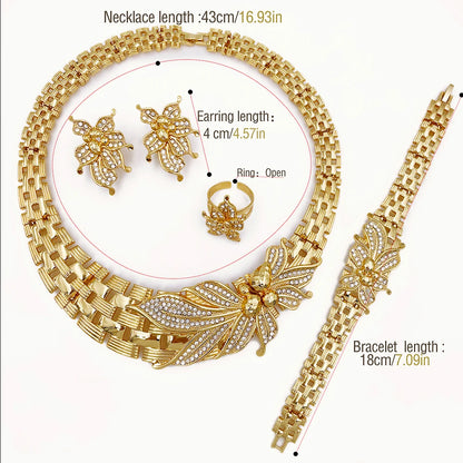 YTJX Ensemble de bijoux de mariage africains, grand collier ras du cou fleur, bracelet zircon fin, boucles d'oreilles perçantes, bague, plaqué or 18 carats