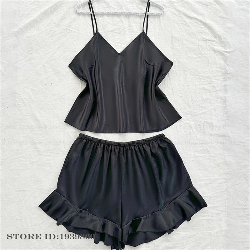 Plus Size 3XL 4XL 5XL Pigiama 2 pezzi Set cinturino sexy Top e pantaloncini Pigiama Completo Lingerie Estate Indumenti da notte in raso Stampa fiore Homewear