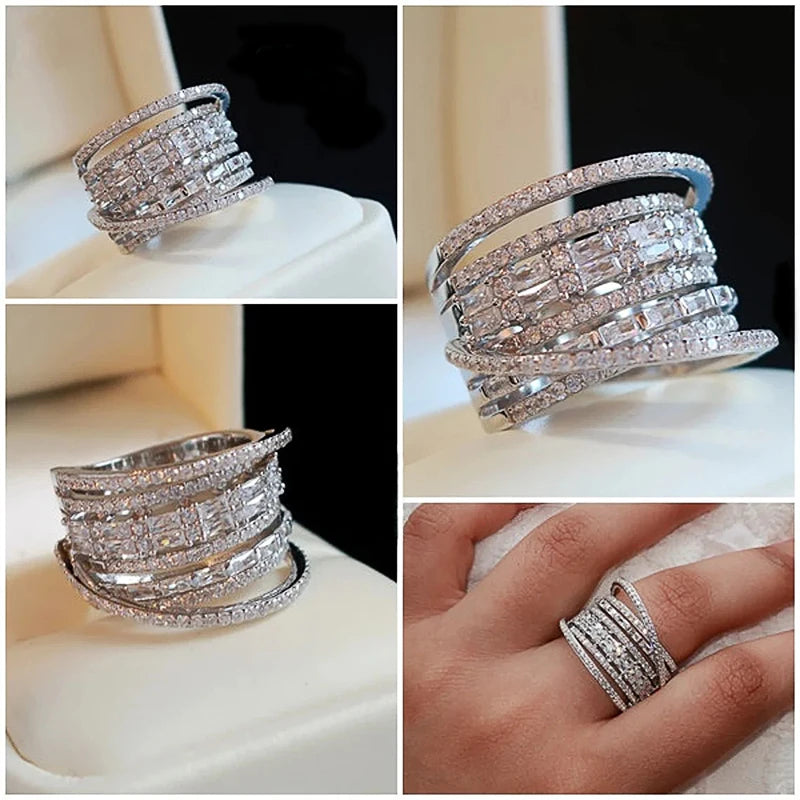 Huitan Bague multicouche en zircon brillant pour femme, bijoux de luxe pour mariage, accessoires de doigt larges et magnifiques pour femme