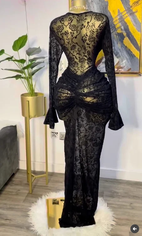 CM.YAYA 2025 Autunno Donna Manica lunga Maglia impilata Vedi anche con fodera Aderente Abito lungo da sera Compleanno Abiti da festa sexy