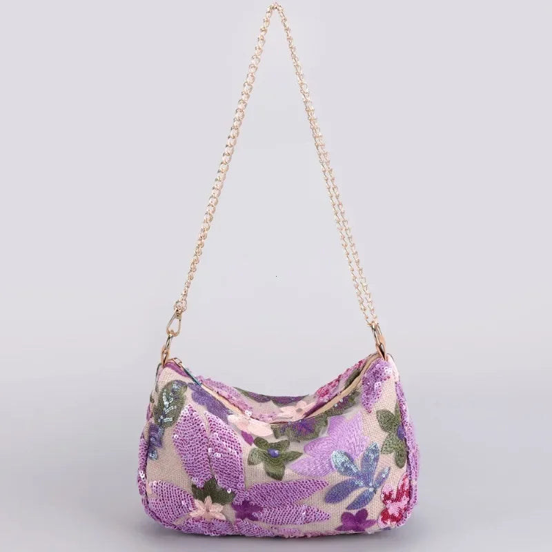 Borse a tracolla da donna con ricamo floreale carino Catene con paillettes alla moda Borsa a tracolla Borsa da spiaggia casual estiva Borsa e portamonete Hobos